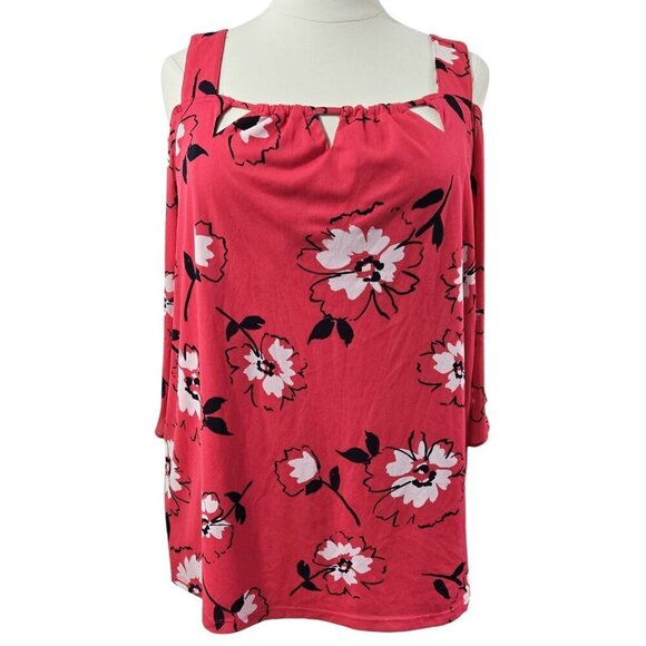 Catherines Pink Floral Square Cutout Neck Cold Shoulder Blouse Barbie Colorful - Picture 1 of 7